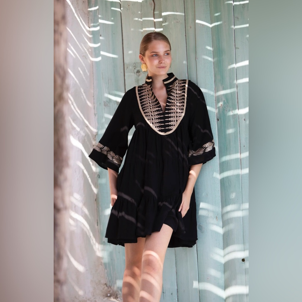 Black Dress with Gold Embroidery, Size M, S, New With Tags